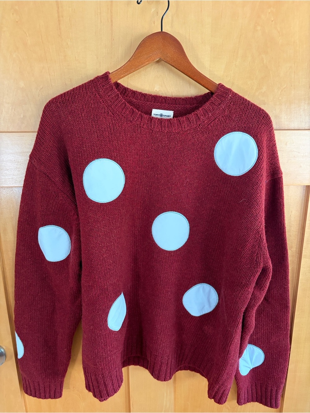 Tory Burch Burgundy Crewneck Sweater with Light Blue Polka Dots